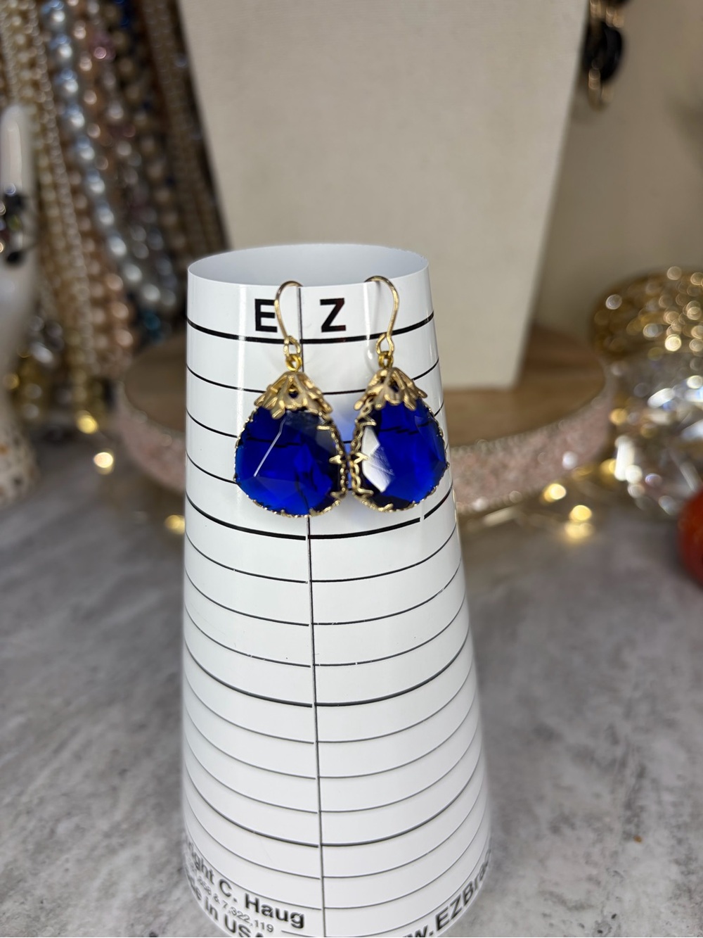 Vintage Blue Glass Earrings Dangle Cobalt Gold Tone Jewelry Art Nouveau Deco